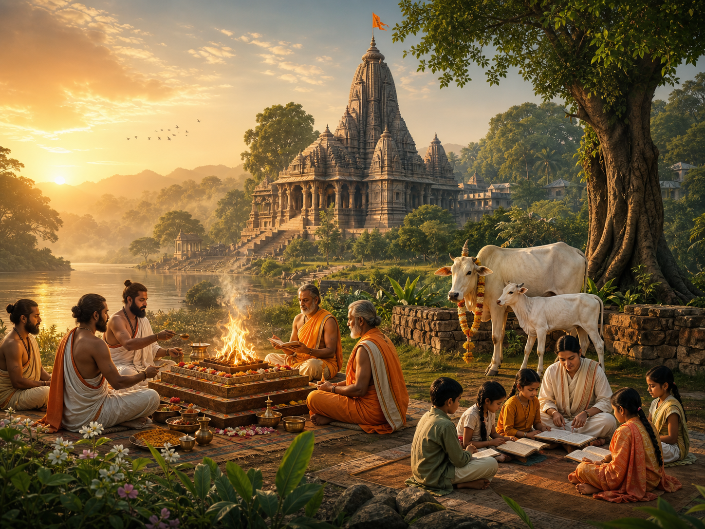Temple landscape with peaceful cows and nature