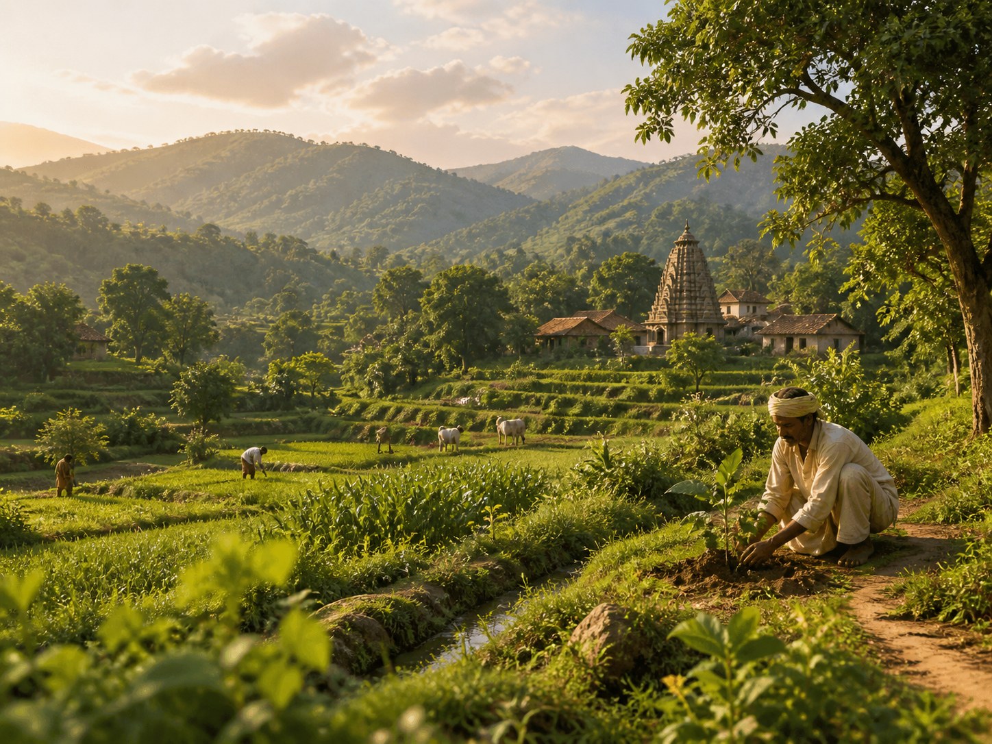 Meditation and sunrise in a spiritual landscape